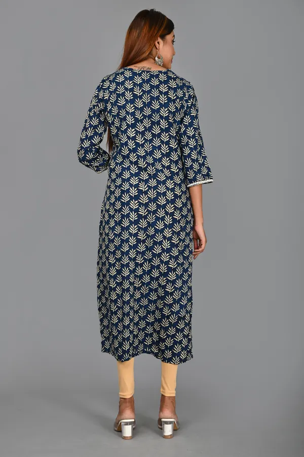 Dark_Blue_Viscose_Rayon_Embroidered_3/4_Sleeve_Kurta_Churidar_For_Women