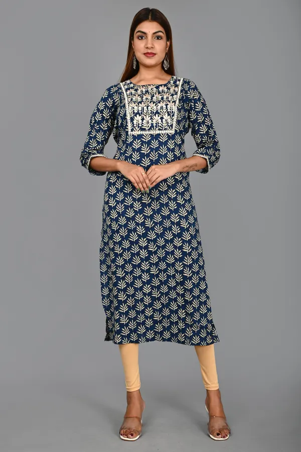 Dark_Blue_Viscose_Rayon_Embroidered_3/4_Sleeve_Kurta_Churidar_For_Women