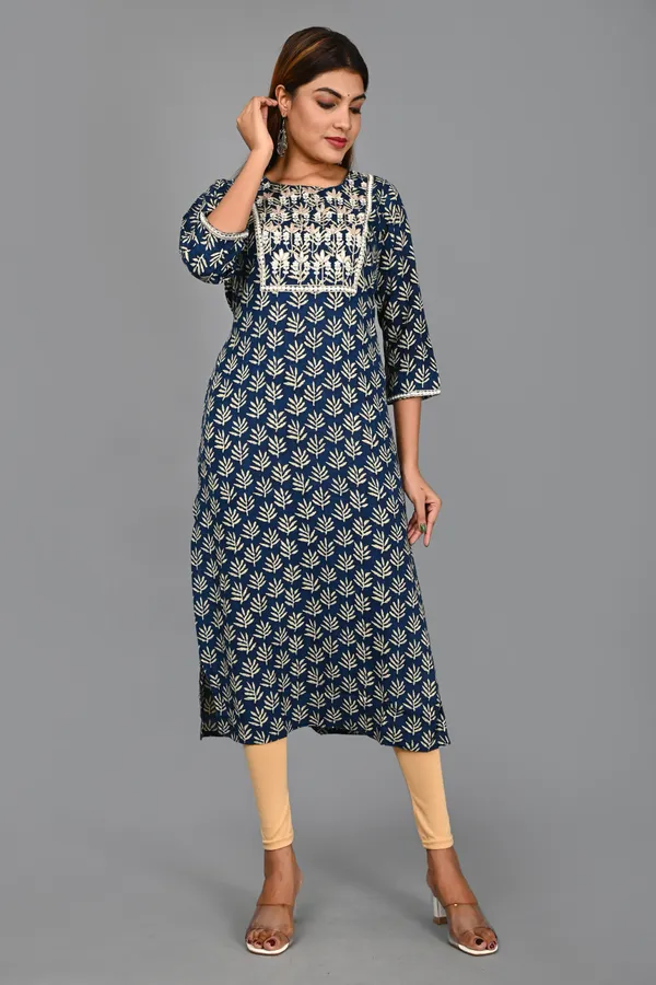 Dark_Blue_Viscose_Rayon_Embroidered_3/4_Sleeve_Kurta_Churidar_For_Women