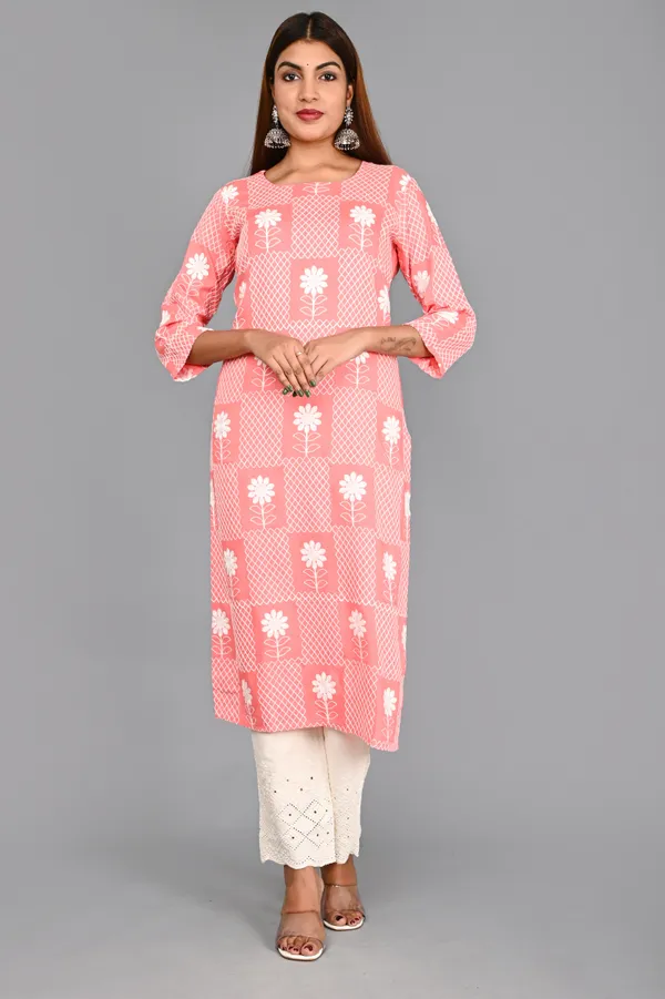 Pink_Viscose_Rayon_Embroidered_3/4_Sleeve_Kurta_Pant_For_Women