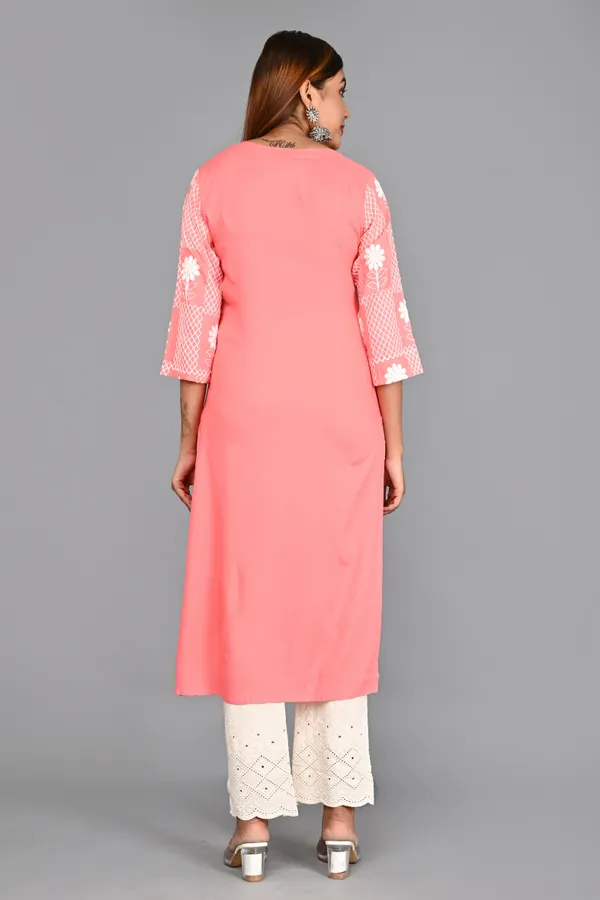 Pink_Viscose_Rayon_Embroidered_3/4_Sleeve_Kurta_Pant_For_Women