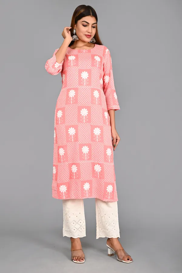 Pink_Viscose_Rayon_Embroidered_3/4_Sleeve_Kurta_Pant_For_Women