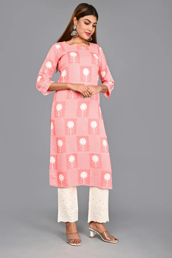 Pink_Viscose_Rayon_Embroidered_3/4_Sleeve_Kurta_Pant_For_Women