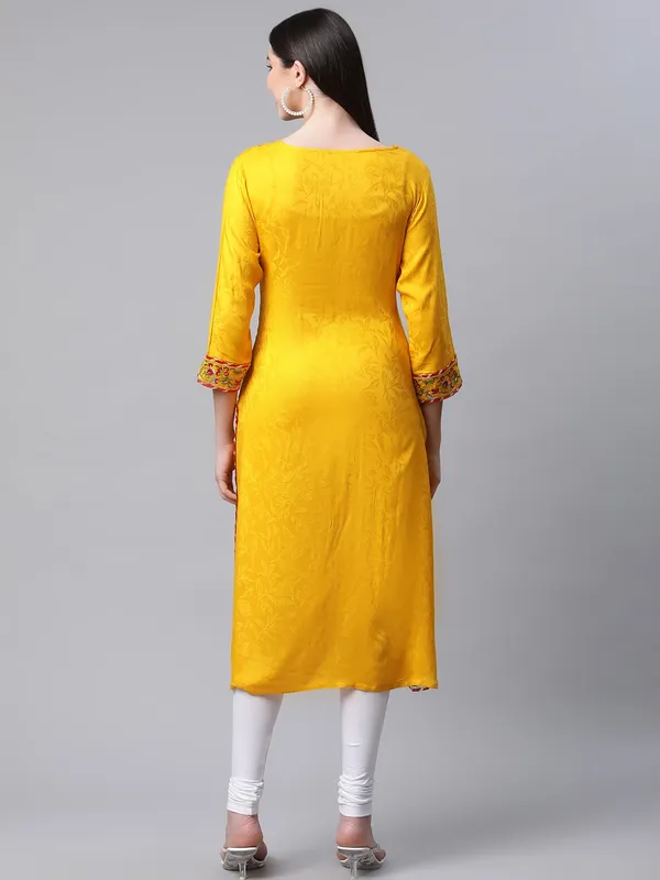 Yellow_Jacquard_Embroidered_3/4_Sleeve_Kurta_Churidar_For_Women
