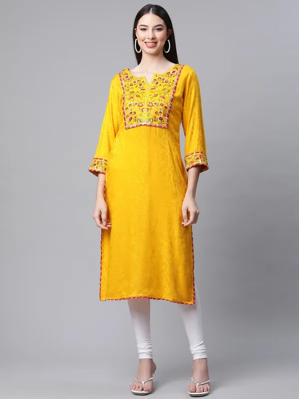 Yellow_Jacquard_Embroidered_3/4_Sleeve_Kurta_Churidar_For_Women