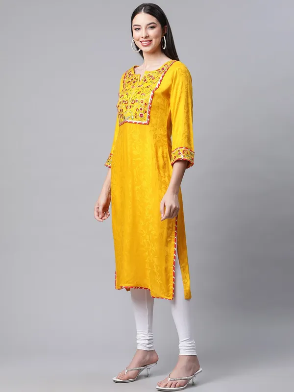 Yellow_Jacquard_Embroidered_3/4_Sleeve_Kurta_Churidar_For_Women
