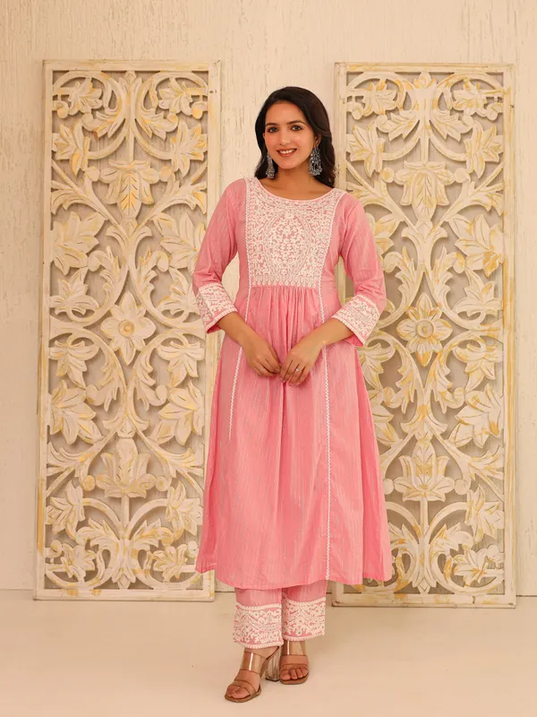 Pink_Pure_Cotton_Embroidered_3/4_Sleeve_Kurta_Pant_For_Women