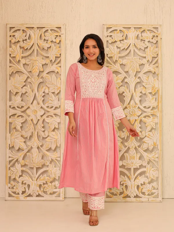 Pink_Pure_Cotton_Embroidered_3/4_Sleeve_Kurta_Pant_For_Women