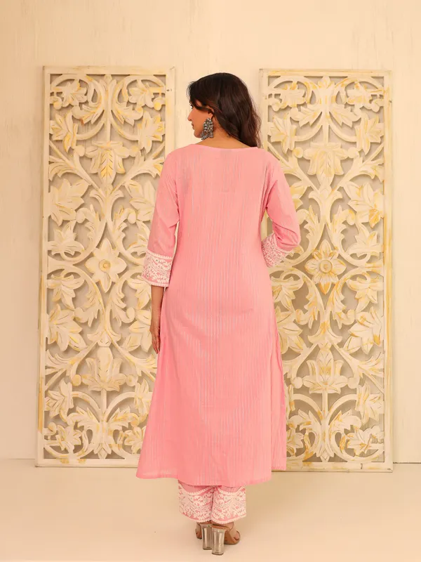 Pink_Pure_Cotton_Embroidered_3/4_Sleeve_Kurta_Pant_For_Women