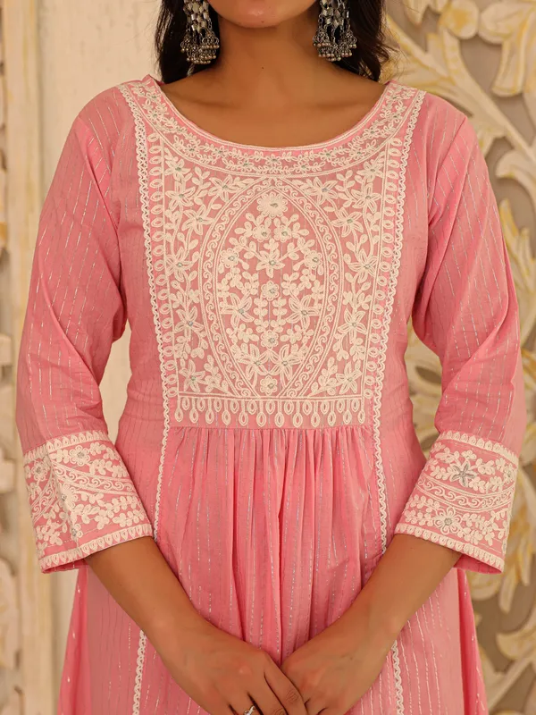 Pink_Pure_Cotton_Embroidered_3/4_Sleeve_Kurta_Pant_For_Women