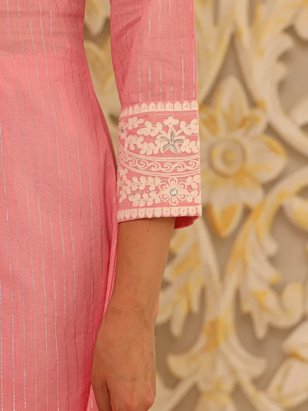Pink_Pure_Cotton_Embroidered_3/4_Sleeve_Kurta_Pant_For_Women