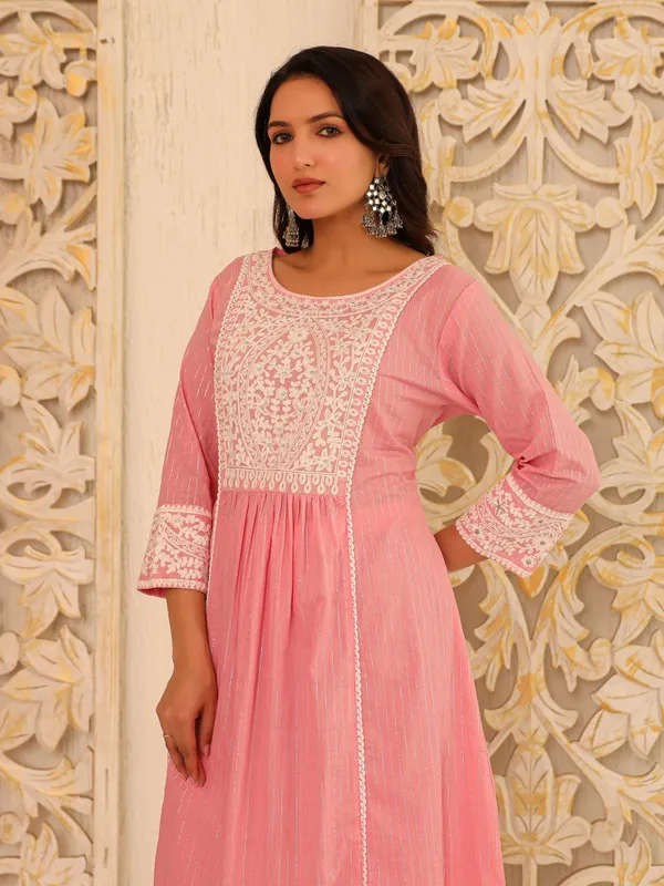 Pink_Pure_Cotton_Embroidered_3/4_Sleeve_Kurta_Pant_For_Women