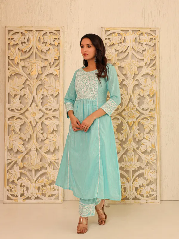 Blue_Pure_Cotton_Embroidered_3/4_Sleeve_Kurta_Pant_For_Women