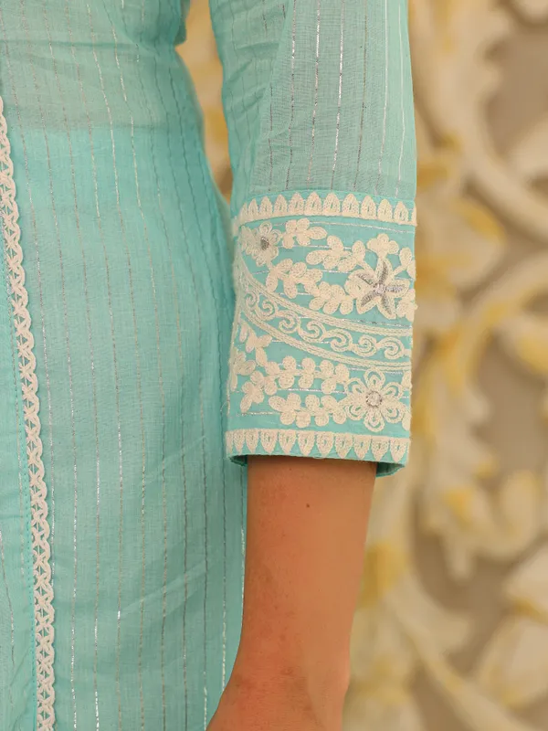 Blue_Pure_Cotton_Embroidered_3/4_Sleeve_Kurta_Pant_For_Women
