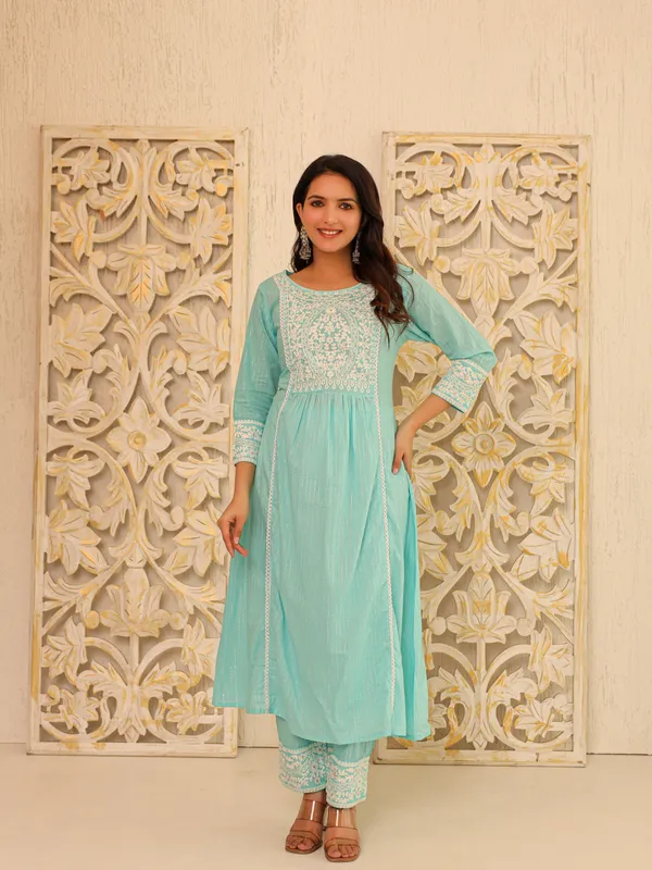 Blue_Pure_Cotton_Embroidered_3/4_Sleeve_Kurta_Pant_For_Women