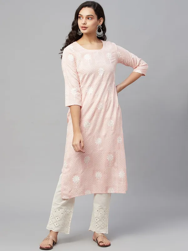 Pink_Viscose_Rayon_Embroidered_3/4_Sleeve_Kurta_Pant_For_Women