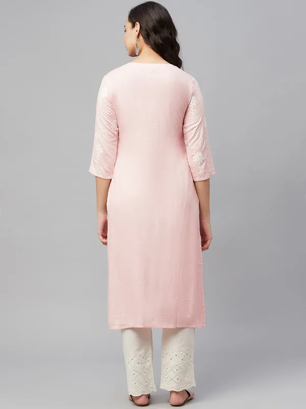 Pink_Viscose_Rayon_Embroidered_3/4_Sleeve_Kurta_Pant_For_Women
