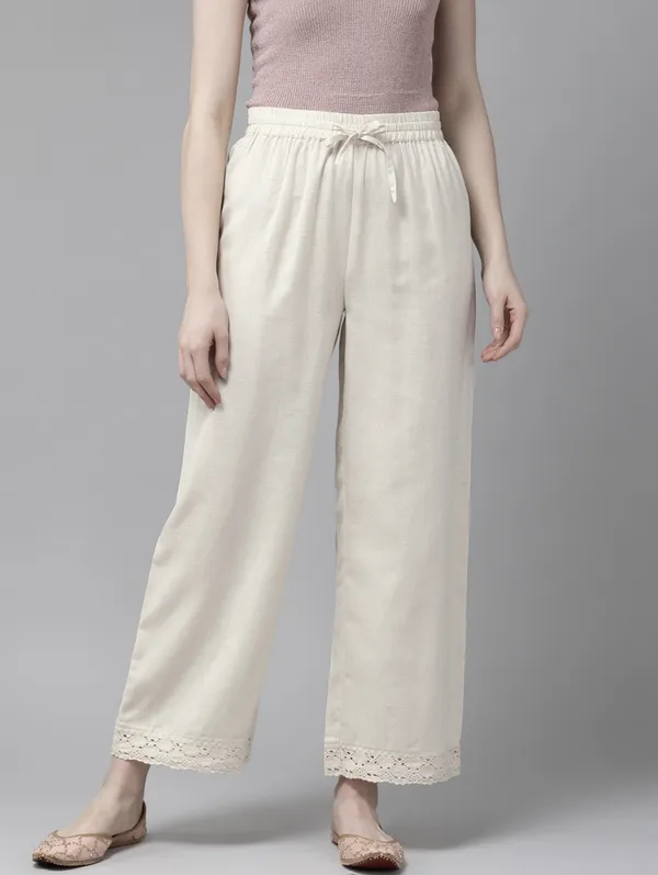 Cream_Pure_Cotton_Solid_Regular_Fit_Trouser_For_Women