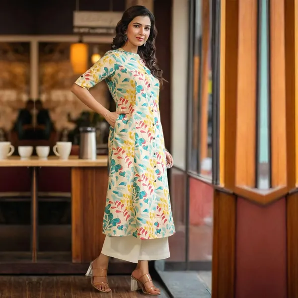 Beige_Pure_Cotton_Floral_Print_3/4_Sleeve_Kurta_For_Women