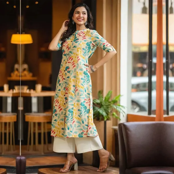 Beige_Pure_Cotton_Floral_Print_3/4_Sleeve_Kurta_For_Women