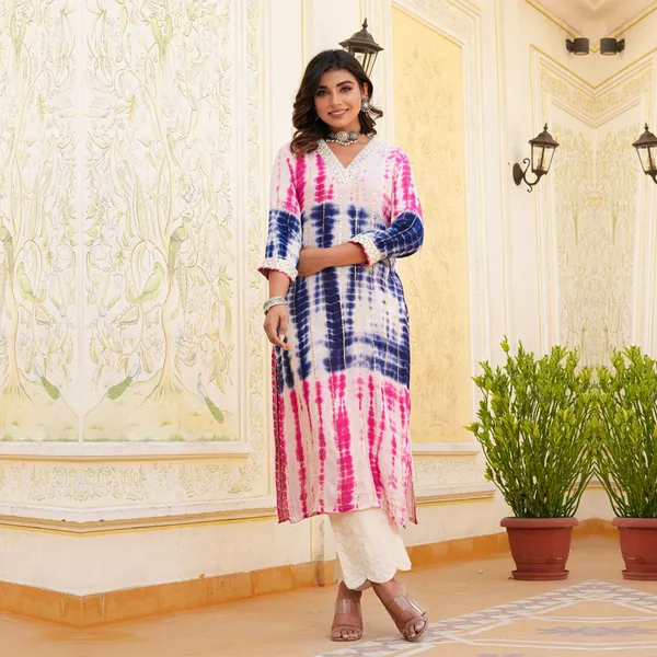 Pink_Crepe_Dyed/Ombre_3/4_Sleeve_Kurta_For_Women