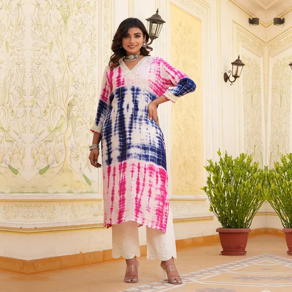 Pink_Crepe_Dyed/Ombre_3/4_Sleeve_Kurta_For_Women