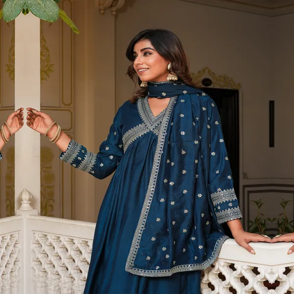 Blue_Muslin_Embroidered_3/4_Sleeve_Kurta_Trouser_For_Women
