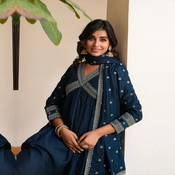 Blue_Muslin_Embroidered_3/4_Sleeve_Kurta_Trouser_For_Women