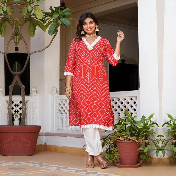 Red_Pure_Silk_Printed_3/4_Sleeve_Kurta_Pant_For_Women