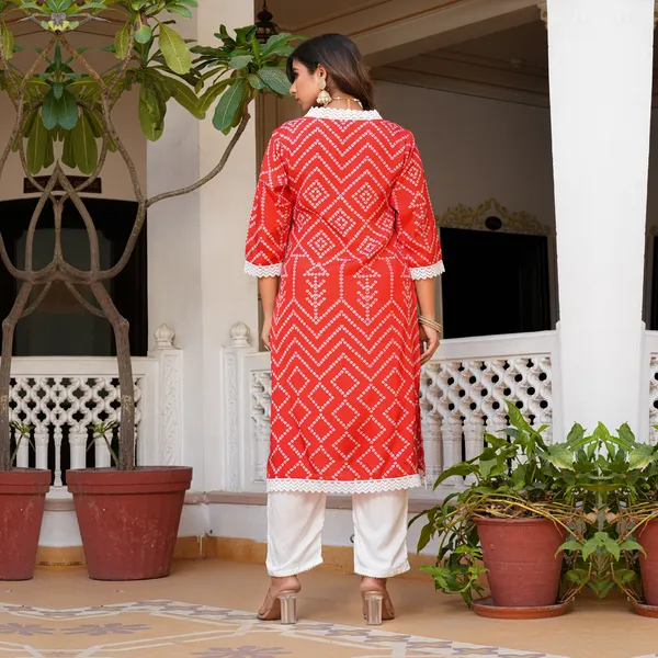 Red_Pure_Silk_Printed_3/4_Sleeve_Kurta_Pant_For_Women