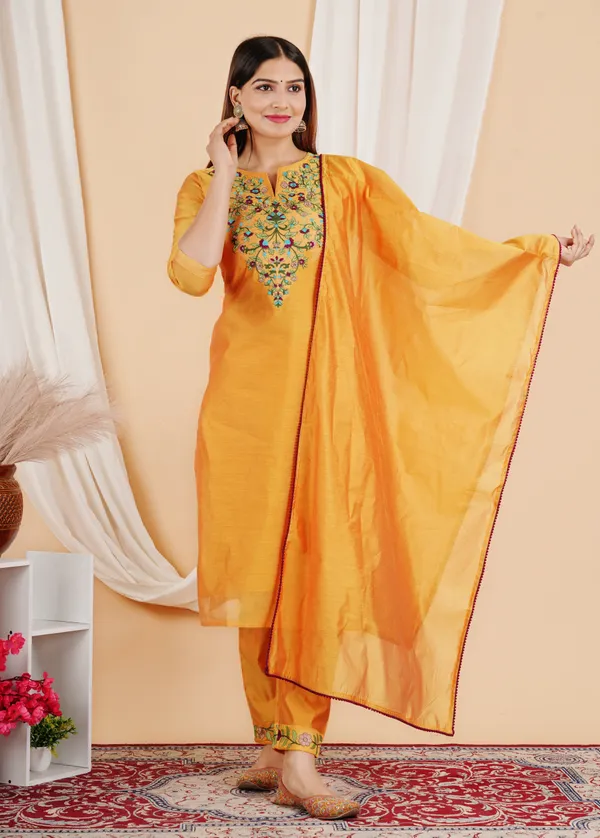Yellow_Chanderi_Embroidered_3/4_Sleeve_Kurta_Palazzo_For_Women