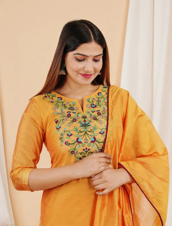 Yellow_Chanderi_Embroidered_3/4_Sleeve_Kurta_Palazzo_For_Women