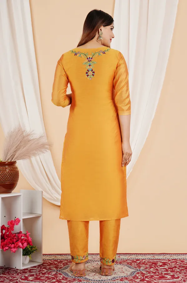Yellow_Chanderi_Embroidered_3/4_Sleeve_Kurta_Palazzo_For_Women