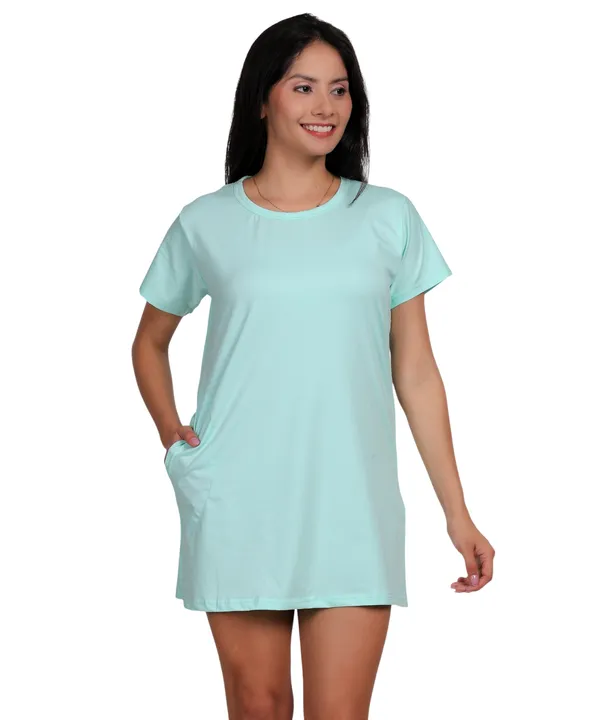 Light_Blue_Cotton_Long_T-Shirt_With_Pocket_For_Women