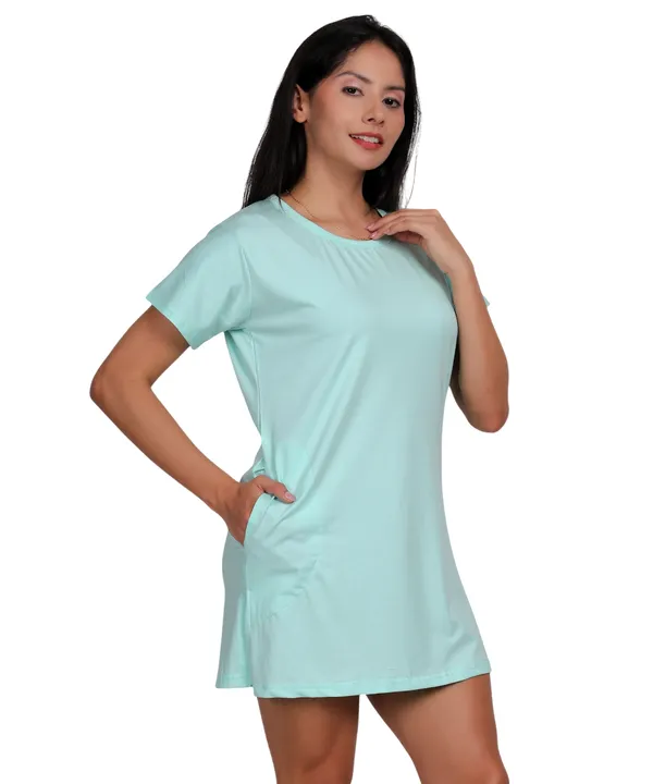 Light_Blue_Cotton_Long_T-Shirt_With_Pocket_For_Women