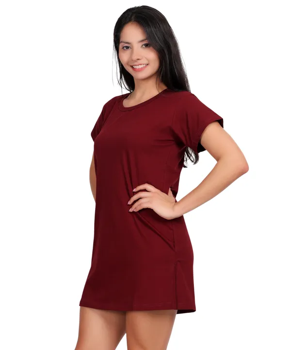 Wine_Cotton_Long_T-Shirt_With_Pocket_For_Women