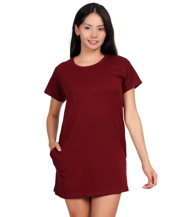 Wine_Cotton_Long_T-Shirt_With_Pocket_For_Women