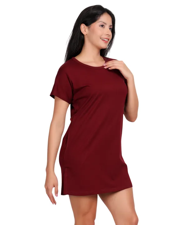Wine_Cotton_Long_T-Shirt_With_Pocket_For_Women