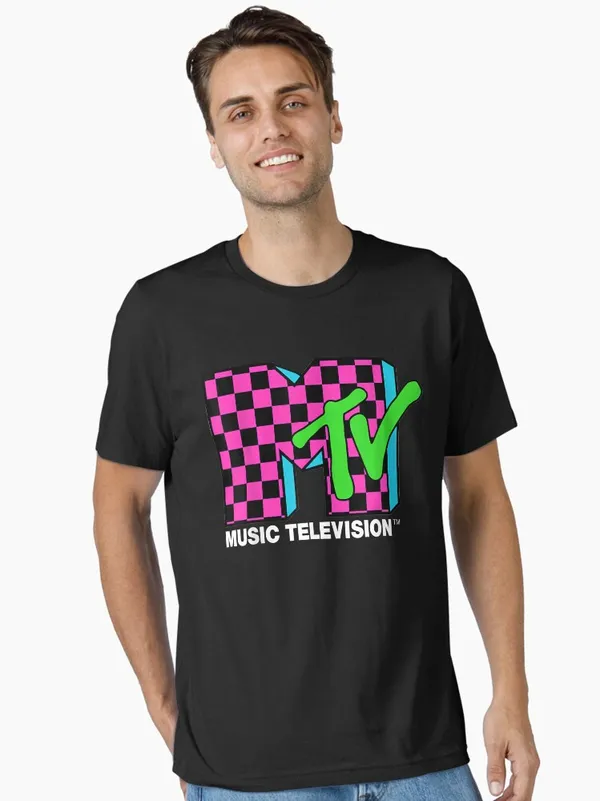 Classic_mtv_logo_pink_and_blue_checker_design_Essential_T-Shirt