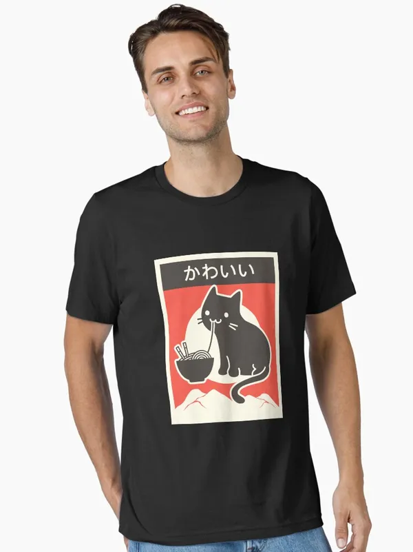 Kawaii"_Vintage_Style_Japenese_Ramen_Cat_Essential_T-Shirt