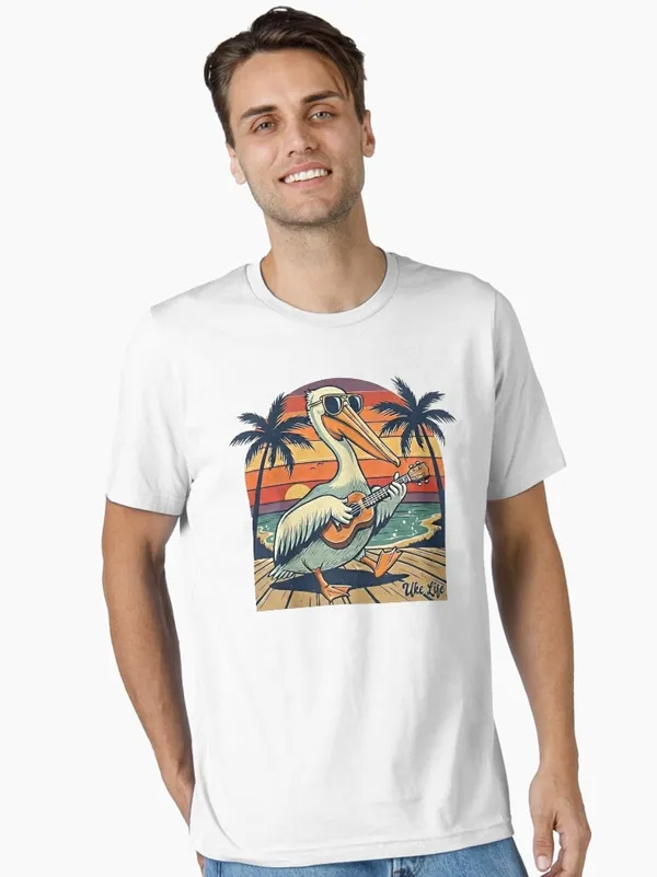 Uke_Life_Pelican_–_Retro_Sunset_Ukulele_Beach_Design_Essential_T-Shirt