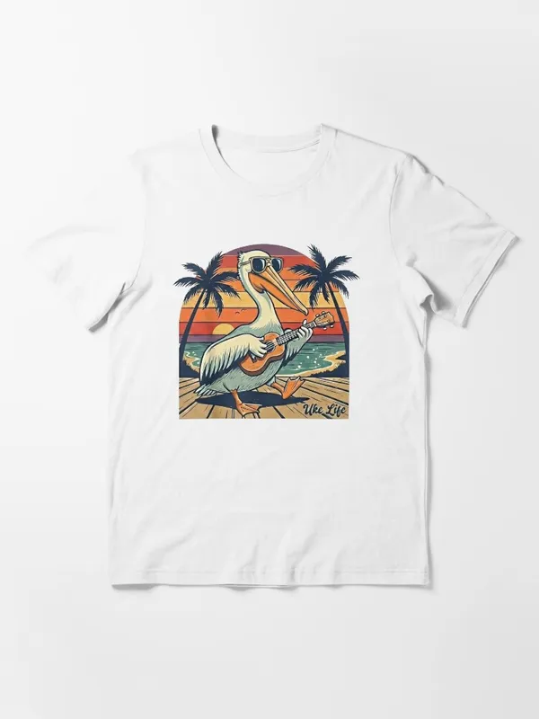 Uke_Life_Pelican_–_Retro_Sunset_Ukulele_Beach_Design_Essential_T-Shirt