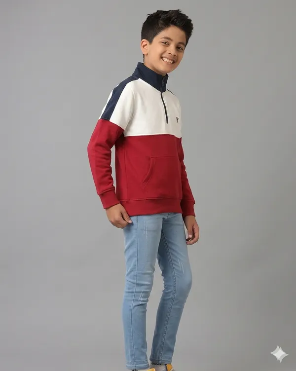 Under_Fourteen_Only_Boys_Red_Textured_Quarter_Zip_Sweatshirt_|_Full_Sleeves_Relaxed_Fit_High_Neck_Fleece_Pullover_with_Kangaroo_Pocket_for_Kids