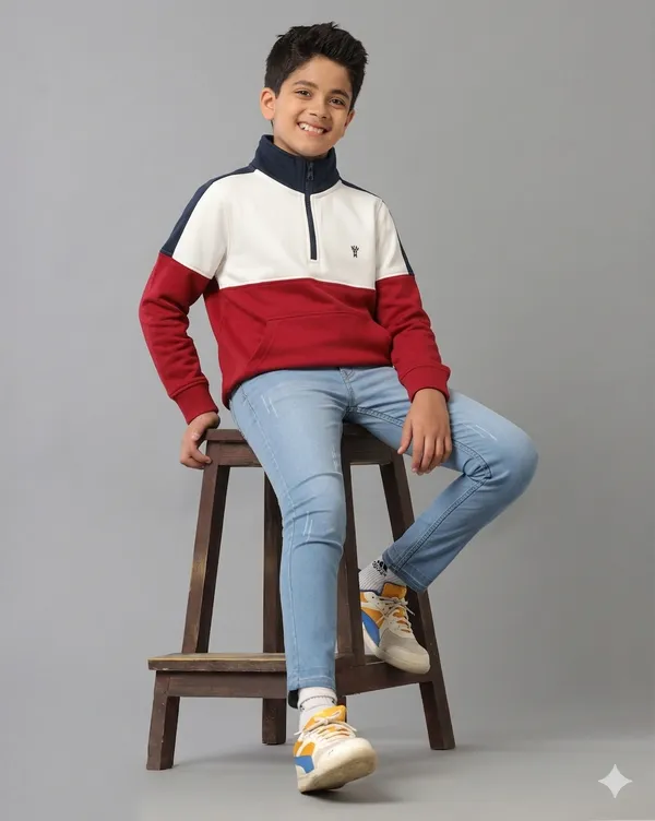 Under_Fourteen_Only_Boys_Red_Textured_Quarter_Zip_Sweatshirt_|_Full_Sleeves_Relaxed_Fit_High_Neck_Fleece_Pullover_with_Kangaroo_Pocket_for_Kids