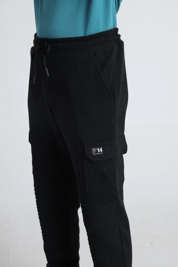Under_Fourteen_Only_Boys_Black_Textured_Cargo_Joggers_|_Jogger_Fit_Cotton_Waffle_Track_Pants_with_Elastic_Waist,_Drawstring_&_Cargo_Pockets_for_Kids