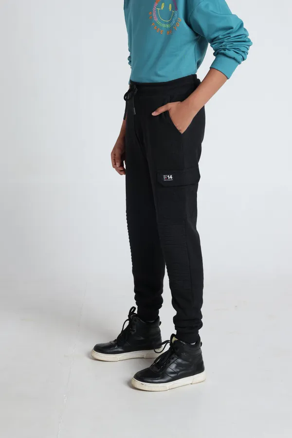 Under_Fourteen_Only_Boys_Black_Textured_Cargo_Joggers_|_Jogger_Fit_Cotton_Waffle_Track_Pants_with_Elastic_Waist,_Drawstring_&_Cargo_Pockets_for_Kids