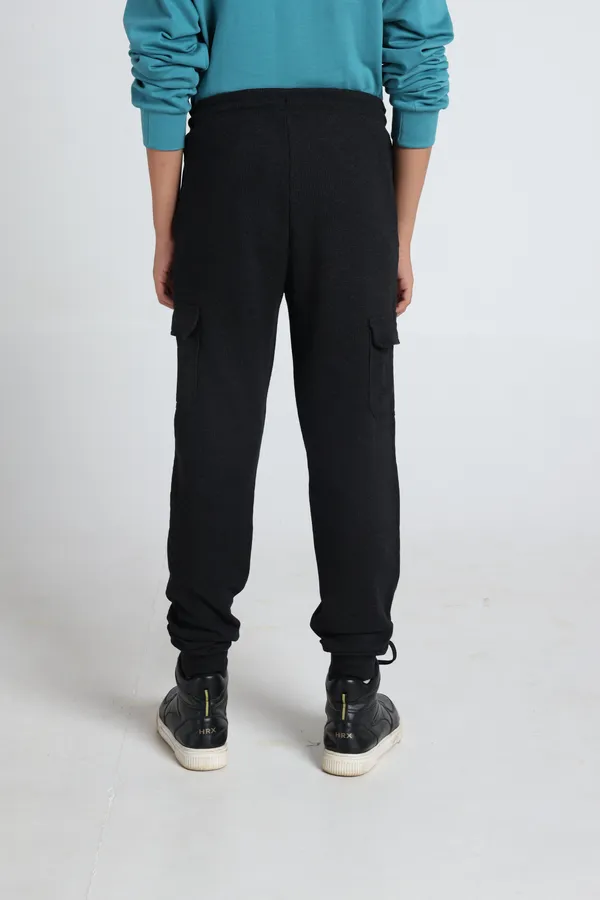 Under_Fourteen_Only_Boys_Black_Textured_Cargo_Joggers_|_Jogger_Fit_Cotton_Waffle_Track_Pants_with_Elastic_Waist,_Drawstring_&_Cargo_Pockets_for_Kids