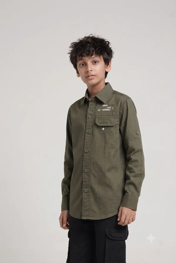 Under_Fourteen_Only_Boys_Olive_Green_Textured_Casual_Twill_Shirt_|_Full_Sleeves_Regular_Fit_Collared_Cotton_Shirt_with_Hidden_Button_Placket_&_Roll-Up_Sleeves_for_Kids
