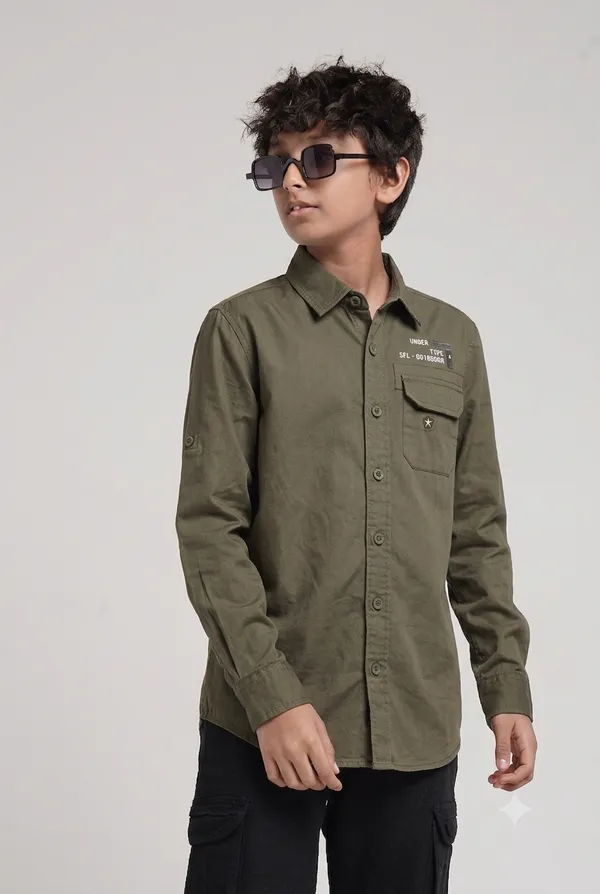 Under_Fourteen_Only_Boys_Olive_Green_Textured_Casual_Twill_Shirt_|_Full_Sleeves_Regular_Fit_Collared_Cotton_Shirt_with_Hidden_Button_Placket_&_Roll-Up_Sleeves_for_Kids