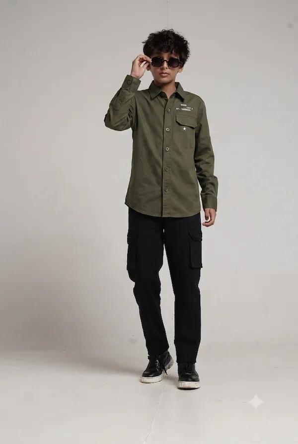 Under_Fourteen_Only_Boys_Olive_Green_Textured_Casual_Twill_Shirt_|_Full_Sleeves_Regular_Fit_Collared_Cotton_Shirt_with_Hidden_Button_Placket_&_Roll-Up_Sleeves_for_Kids